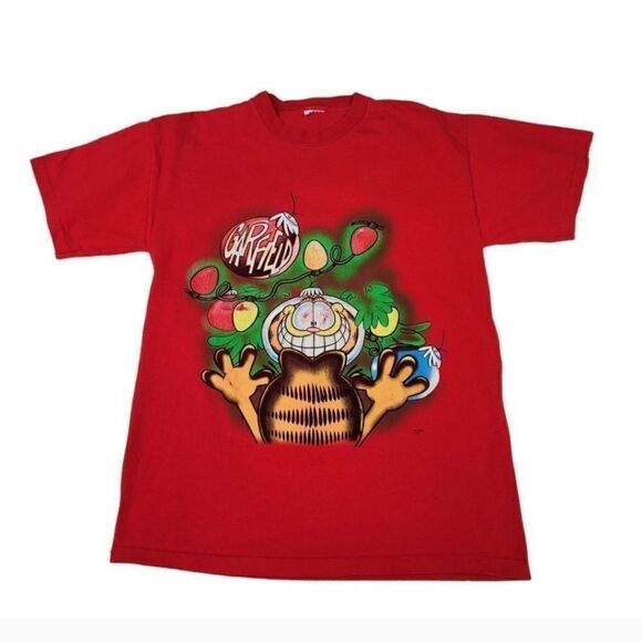 Vintage 80's Garfield Christmas Single Stitch Short Sleeve Graphic Tshirt Size L - Picture 1 of 5